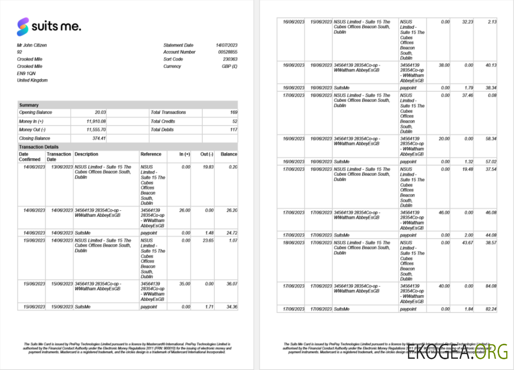 Modèle Word et PDF de relevé bancaire United Kingdom Suits Me, 2 pages
